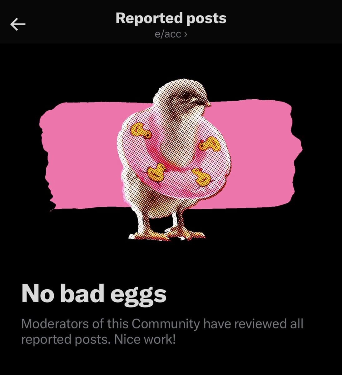 A screenshot of a Twitter community moderation page titled 'Reported posts' for the community 'e/acc'. It features a pixelated illustration of a bird wearing a pink bib with yellow ducklings on it, set against a pink background. Below the image, the text reads 'No bad eggs' followed by 'Moderators of this Community have reviewed all reported posts. Nice work!'.