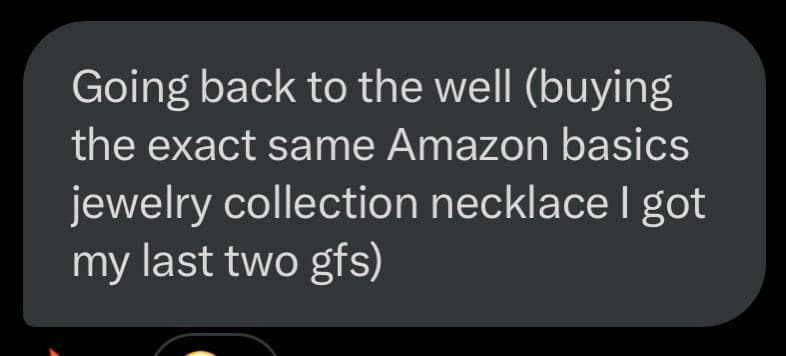 A screenshot of a text message bubble with white text on a dark gray background. The message reads: 'Going back to the well (buying the exact same Amazon basics jewelry collection necklace I got my last two gfs)'