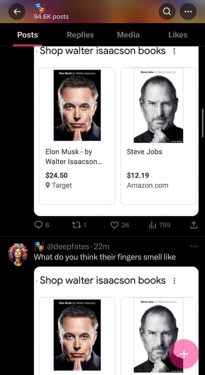 A screenshot of a Twitter thread showing a user's post about Walter Isaacson books. The post includes a screenshot of a shopping page displaying book covers for 'Elon Musk' and 'Steve Jobs' by Walter Isaacson, with prices and retailers listed. A reply below asks, 'What do you think their fingers smell like.'