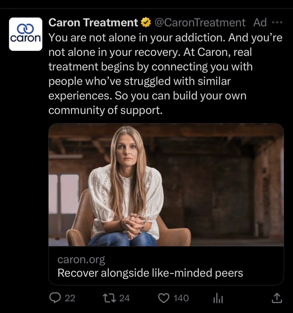 A screenshot of a Twitter ad from the account @CaronTreatment, featuring a photo of a woman sitting in a chair. The ad text discusses addiction recovery and community support, with a link to caron.org.