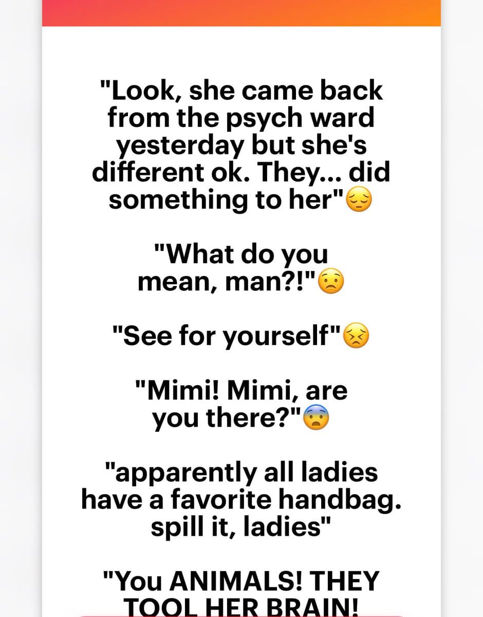 A text-based image, likely a screenshot of a social media post or meme, featuring a series of dialogue lines in black text on a white background with a red-orange header. The text presents a dramatic narrative about a character named Mimi.