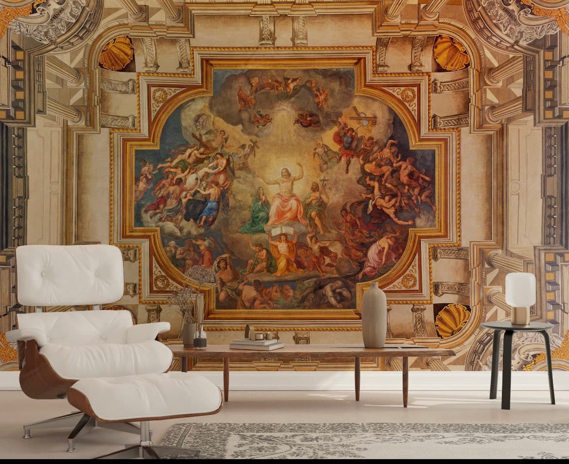 A modern living room interior featuring a white leather Eames-style lounge chair and ottoman, a wooden coffee table, and a side table with a lamp. The focal point is a large, ornate wall mural depicting a classical religious painting, resembling Michelangelo's 'The Last Judgment,' set within a decorative architectural frame.