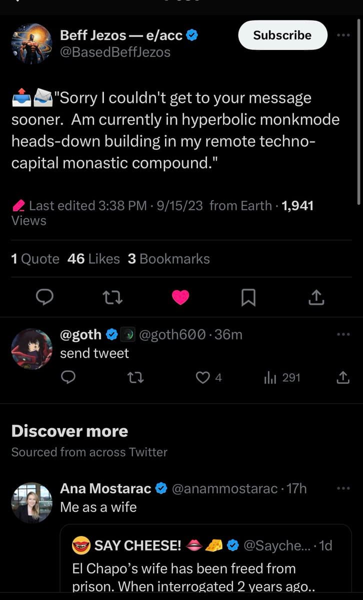 A screenshot of a Twitter (X) thread showing a tweet from Beff Jezos about being in 'hyperbolic monkmode,' followed by a reply and a 'Discover more' section featuring a suggested tweet from Ana Mostarac.