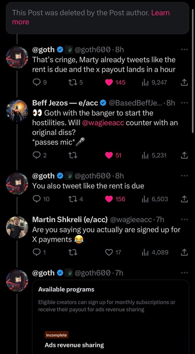 A screenshot of a Twitter conversation between users @goth, Beff Jezos, and Martin Shkreli (e/acc) discussing 'cringe' tweets and X platform payouts. The thread includes a reply from @goth showing a screenshot of the 'Available programs' page for X's 'Ads revenue sharing', which is marked as 'Incomplete'.