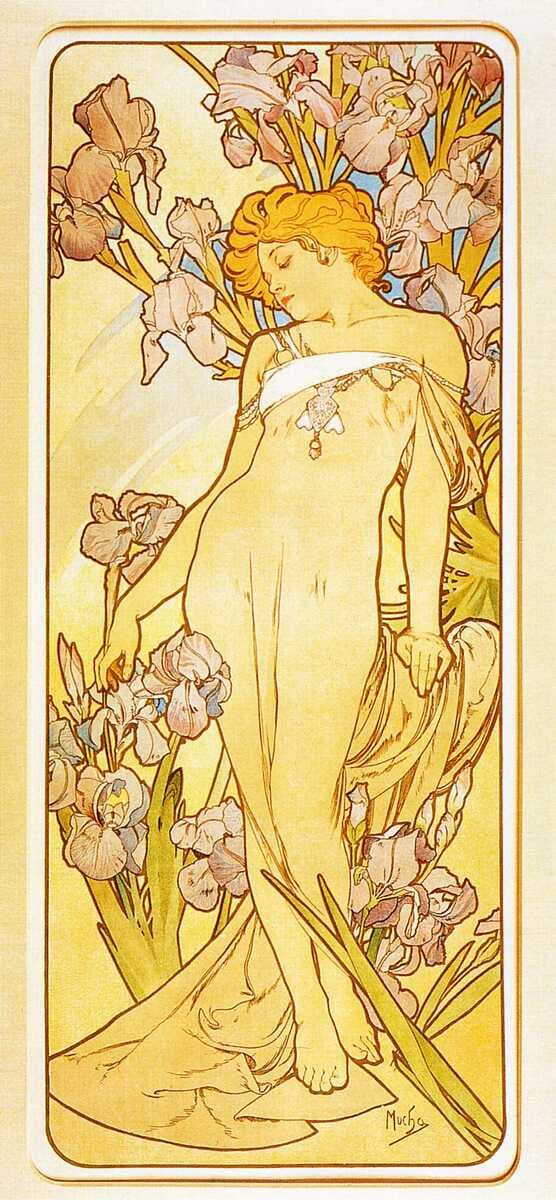 This is a reproduction of Alphonse Mucha's Art Nouveau painting 'Iris', depicting a woman in a flowing white dress standing among tall iris flowers. The artwork features the artist's signature 'Mucha' in the lower right corner.