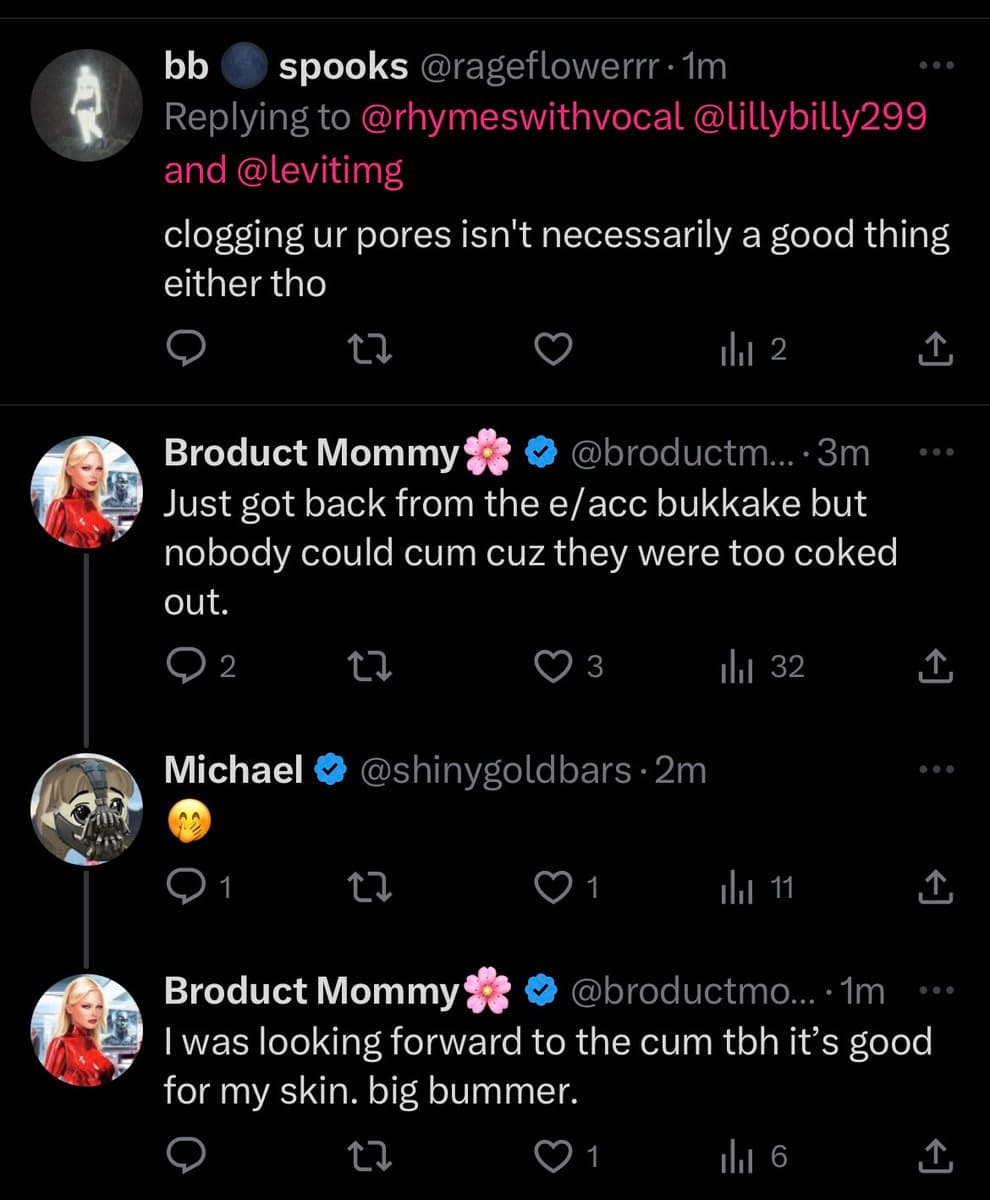 A screenshot of a Twitter conversation thread featuring four posts. The thread includes a reply from user 'bb spooks' and a back-and-forth exchange between users 'Broduct Mommy' and 'Michael'.