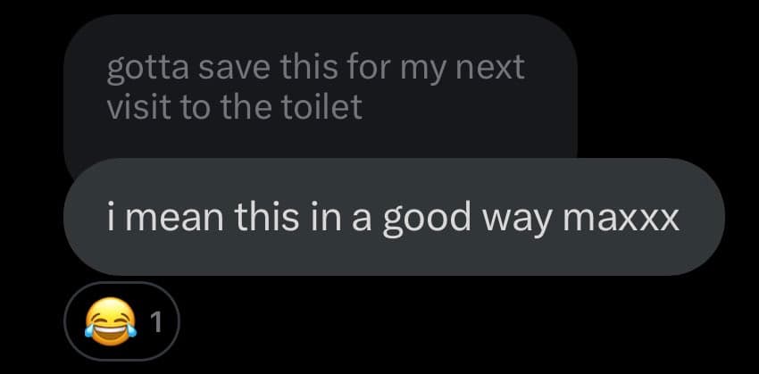 A screenshot of a text message conversation on a dark-mode interface. The first message reads "gotta save this for my next visit to the toilet" and the second reads "i mean this in a good way maxxx". Below the messages is a reaction bubble showing a laughing-crying emoji and the number 1.