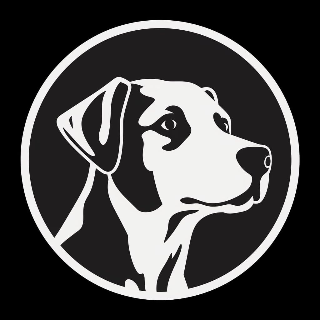 A black-and-white circular logo featuring a stylized illustration of a dog's head in profile, facing right. The design uses high-contrast negative space to define the dog's features against a dark background.