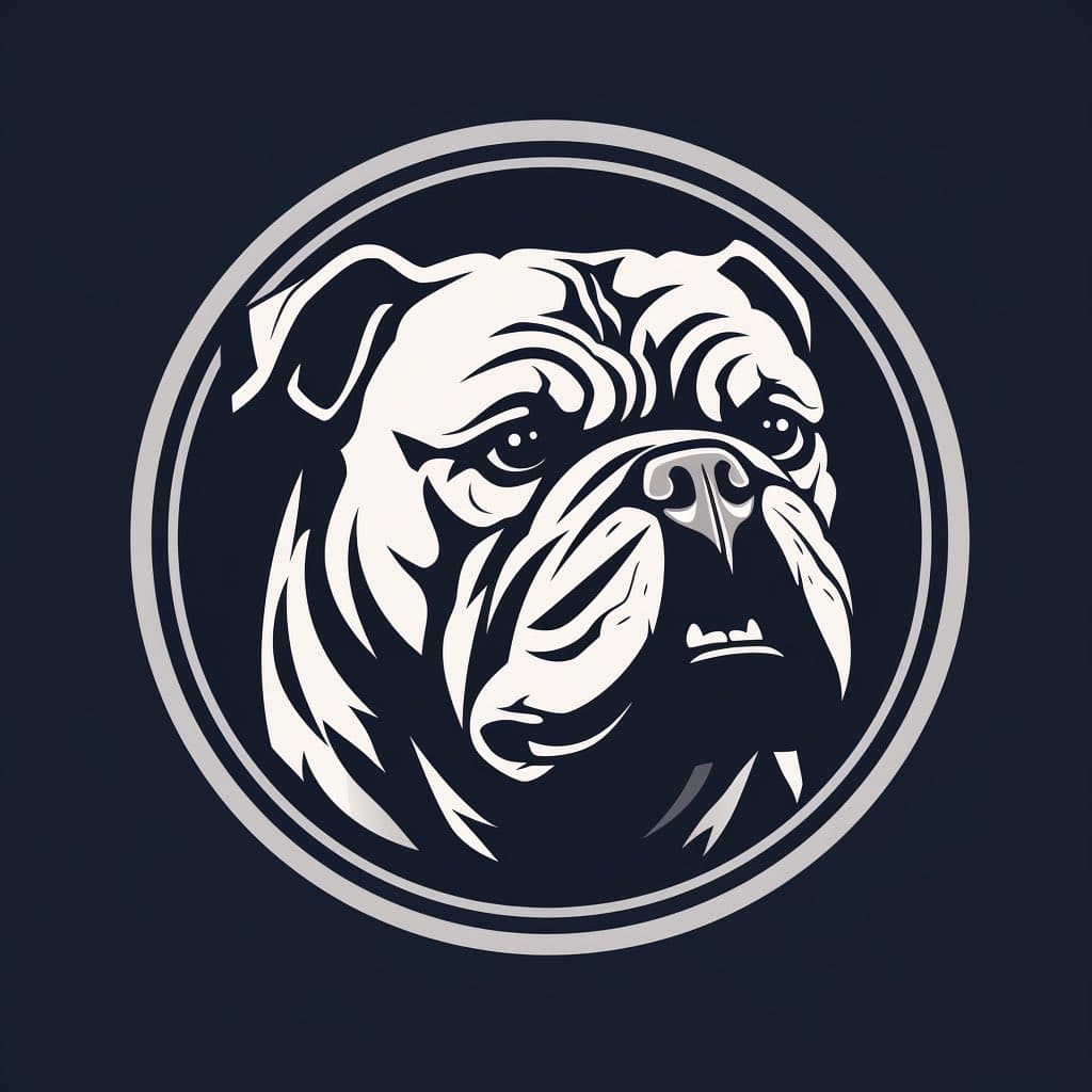 A stylized, high-contrast logo featuring a snarling dog's head in white and dark blue, enclosed within a double circular border on a dark background. The design uses sharp, angular lines to convey aggression and strength.