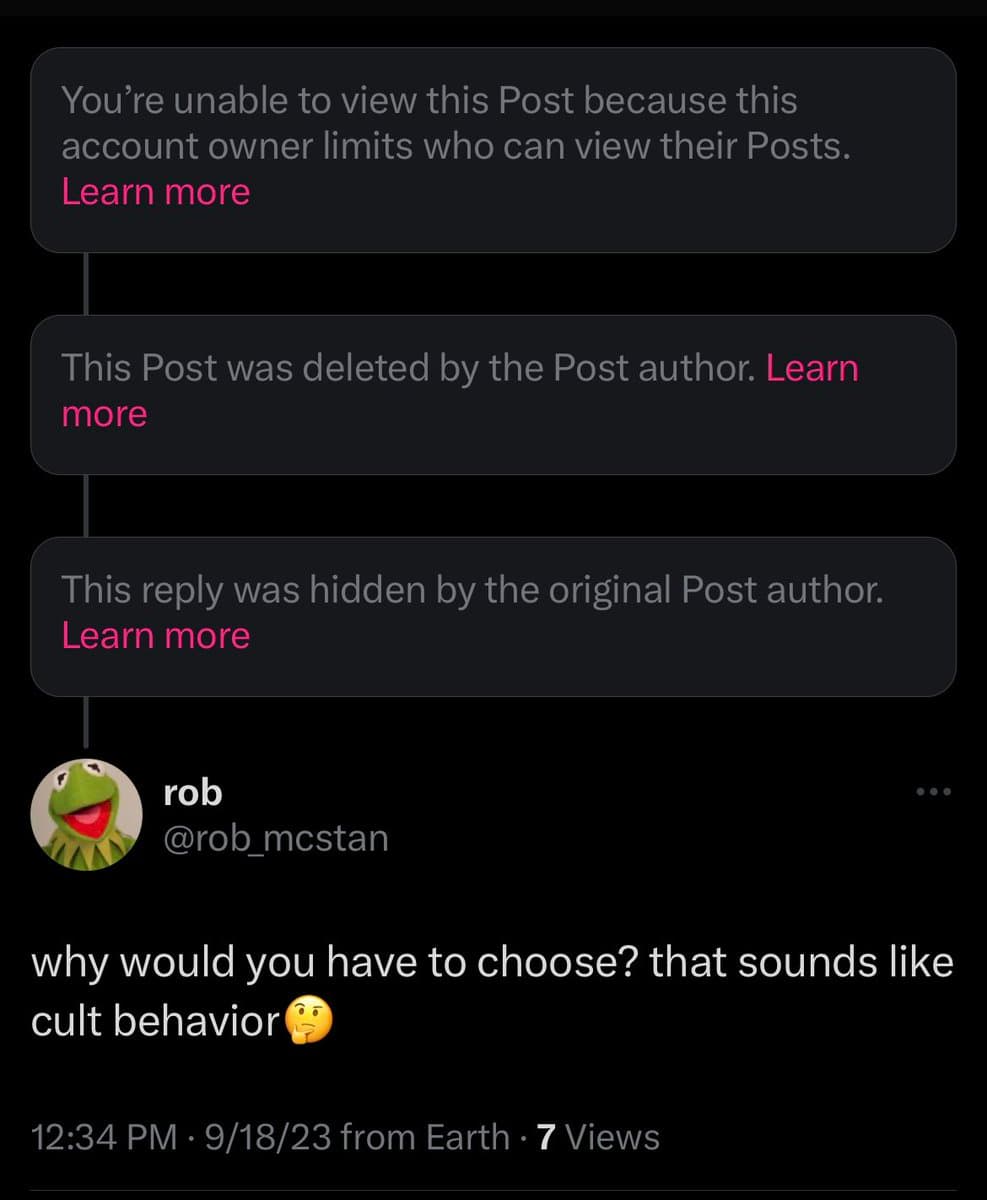 A screenshot of a Twitter thread showing three deleted or hidden posts above a visible reply from user 'rob' (@rob_mcstan). The visible reply reads, 'why would you have to choose? that sounds like cult behavior' followed by a thinking face emoji.