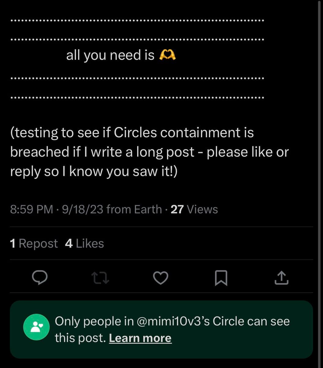 A screenshot of a Twitter post in dark mode, showing a test post about 'Circles' containment. The post includes a banner at the bottom indicating restricted visibility.
