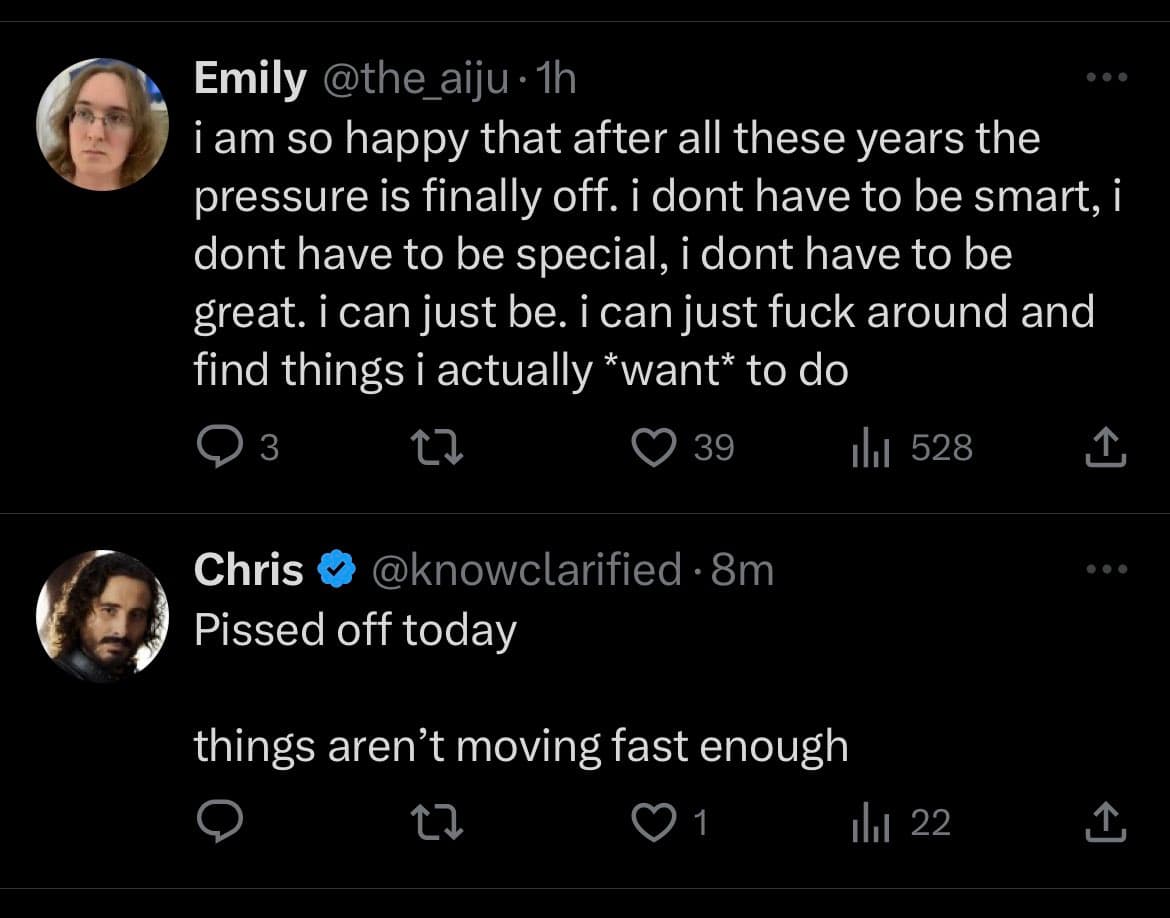 A screenshot of a Twitter conversation between two users. The first user, Emily, expresses relief from pressure, while the second user, Chris, states he is 'Pissed off today' because 'things aren't moving fast enough.'