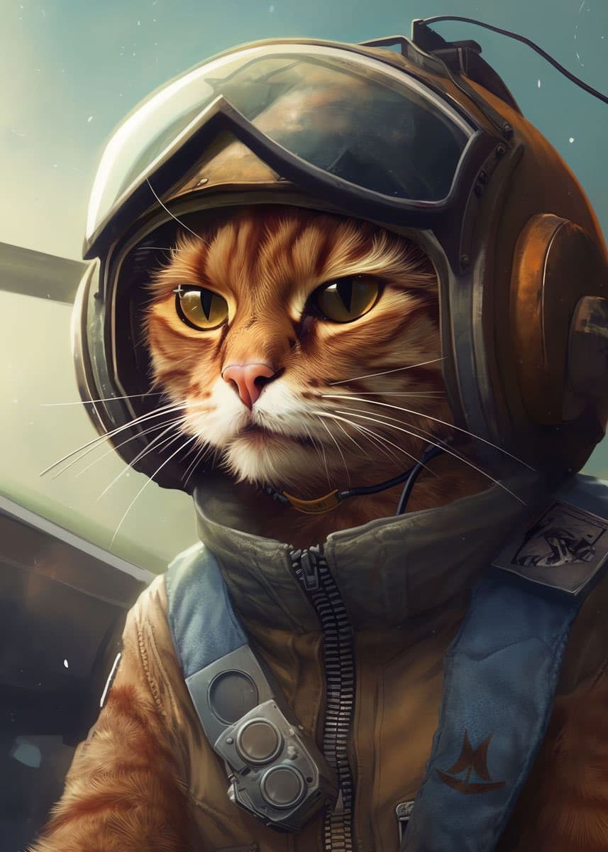 A digital illustration of an orange tabby cat wearing a pilot's flight suit and helmet, depicted in a realistic style. The cat is shown from the chest up, looking forward with a serious expression.