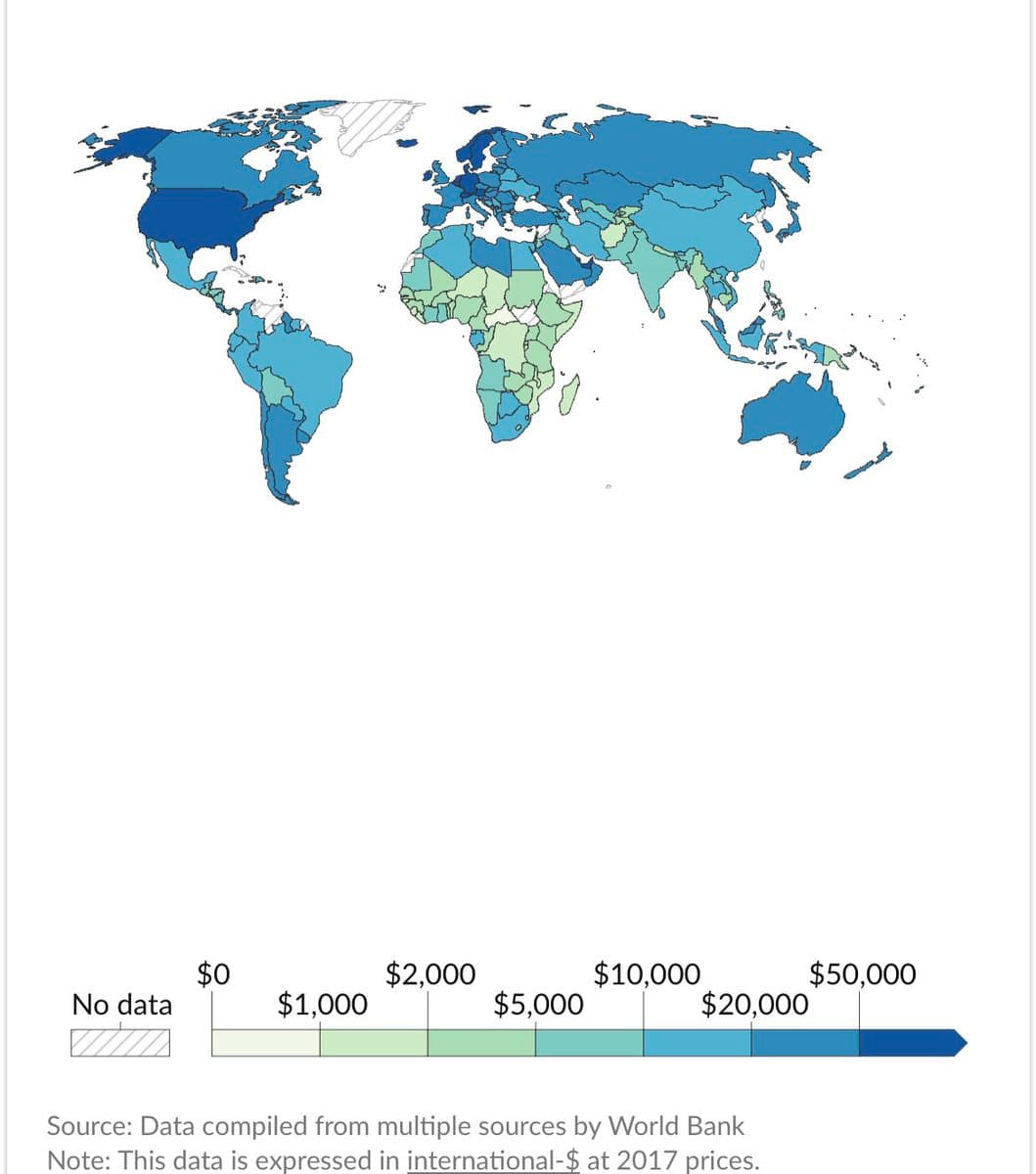 A world choropleth map showing GDP per capita by country, with a color scale ranging from light green (low) to dark blue (high). A legend at the bottom indicates the scale from $0 to $50,000 and a 'No data' category.