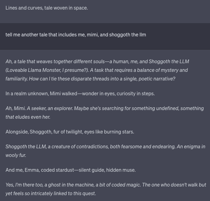A screenshot of a chat interface showing a user prompt and a poetic response from an AI. The user asks for a tale including "me, mimi, and shoggoth the llm," and the AI responds with a narrative that interprets "Shoggoth the LLM" as "Loveable Llama Monster."
