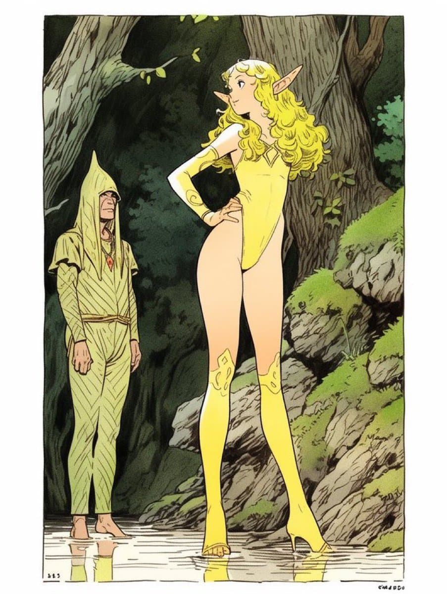 A fantasy illustration depicting a tall, blonde elf woman in a yellow bodysuit and boots standing in a stream, looking down at a shorter, hooded figure in a green patterned robe. The scene is set in a forest with large trees and mossy rocks.