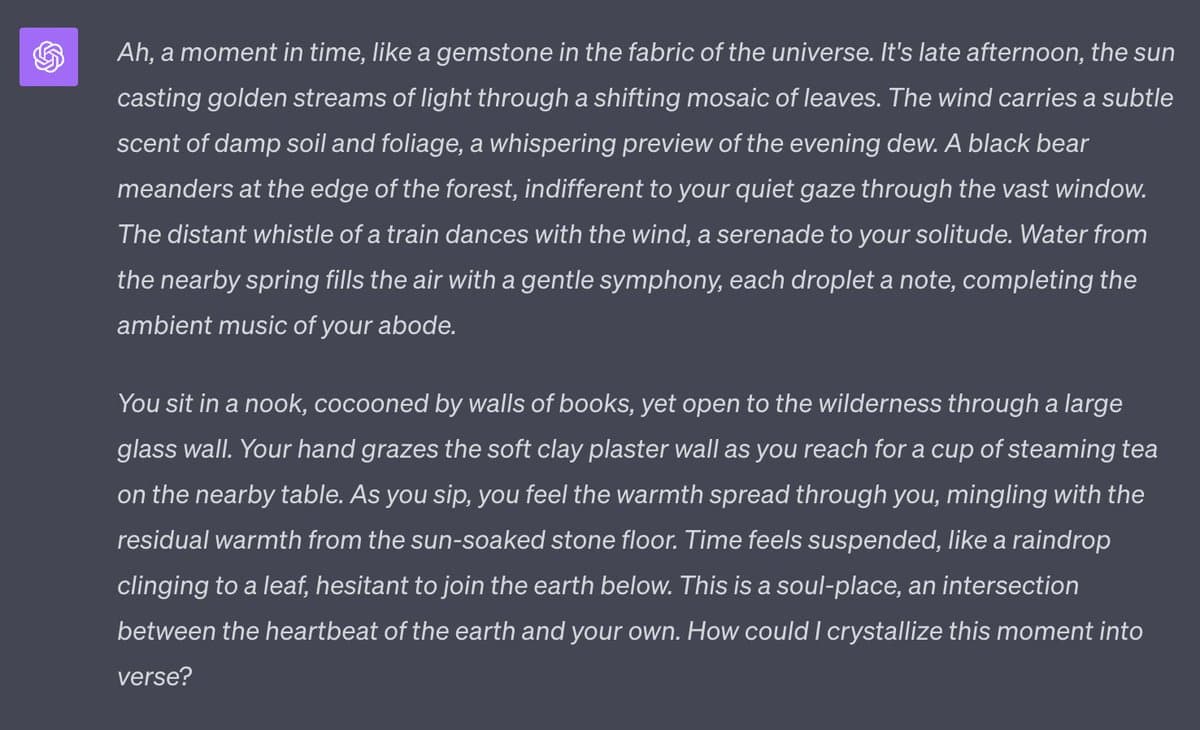 A screenshot of a text-based social media post featuring a purple square icon with a white spiral logo on the left. The post consists of two paragraphs of white text on a dark gray background, describing a serene, poetic scene of a person in a book-filled room overlooking a forest with a black bear.