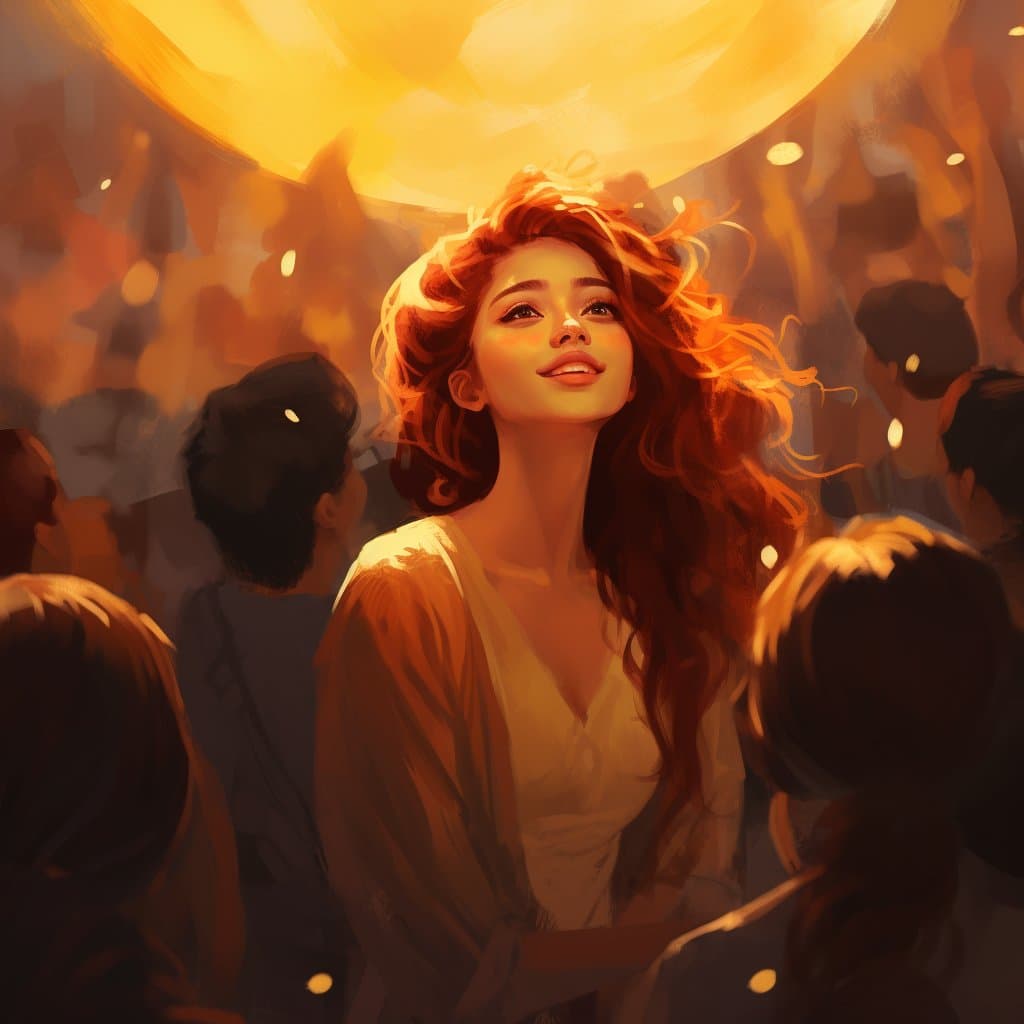 A digital painting depicts a woman with long, wavy red hair standing in a crowd, looking upward with a serene expression. The scene is illuminated by a warm, golden light from above, creating a glowing atmosphere around her.