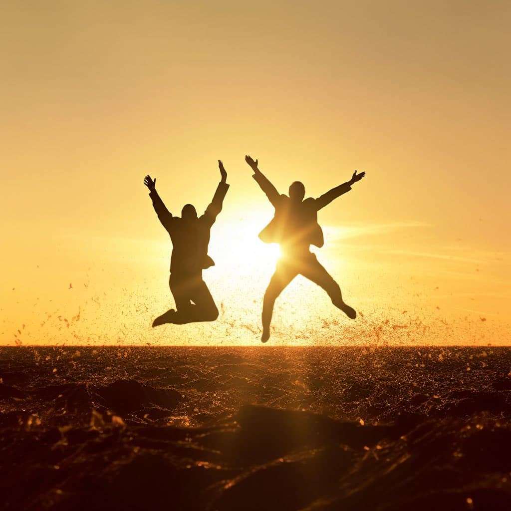 A silhouette of two people jumping in the air with their arms raised, set against a bright, golden sunset over a body of water. The scene captures a moment of joy and freedom as they leap above the water's surface.