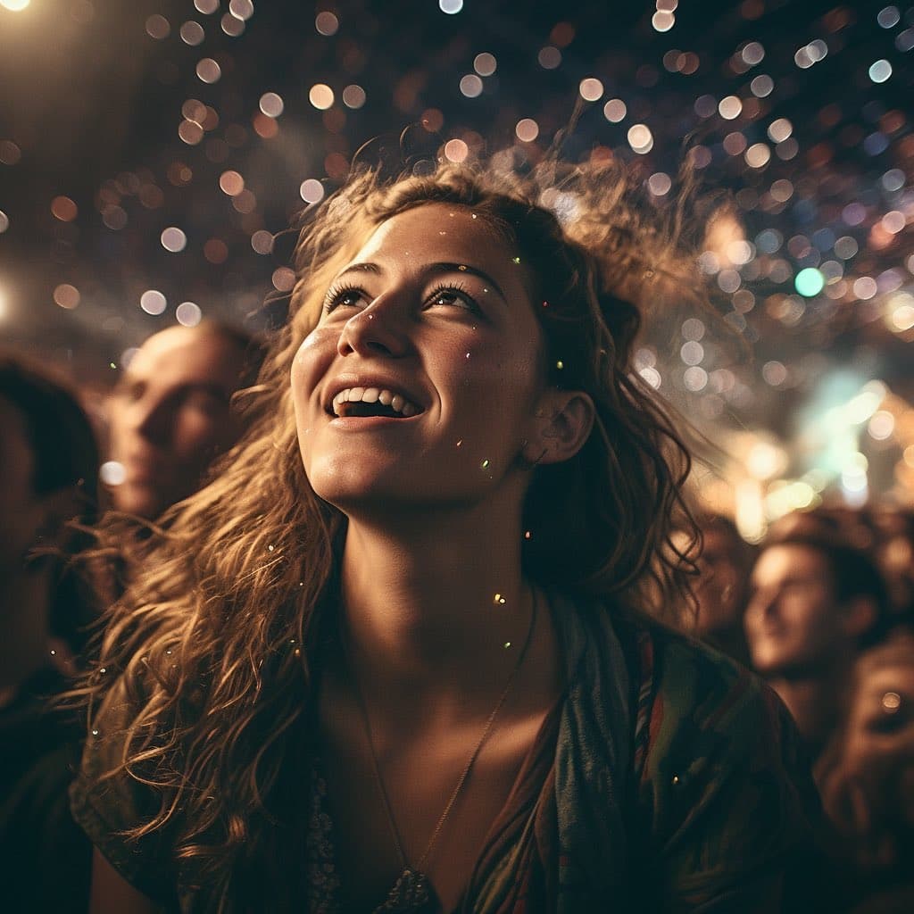 A woman with long, wavy hair smiles joyfully while looking upward at a display of colorful fireworks in a night sky. She is surrounded by a crowd of people, with bokeh lights from the fireworks and city illuminating the scene.