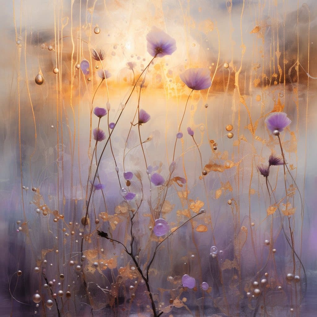 A digital artwork depicting delicate purple flowers with thin stems and pearl-like droplets, set against a soft, ethereal background of golden and lavender hues with vertical streaks of light.