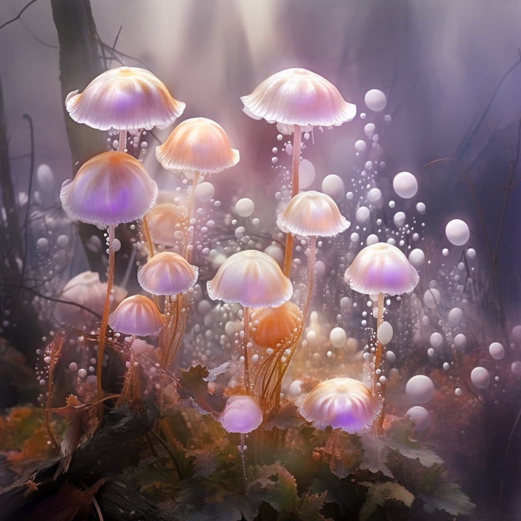 A digital illustration of a cluster of glowing, pastel-colored mushrooms in a misty forest, surrounded by floating, bubble-like orbs of light. The scene has a dreamy, ethereal quality with soft, warm lighting filtering through the fog. The mushrooms have delicate, translucent caps in shades of pink, purple, and orange, growing from a bed of leaves and twigs.