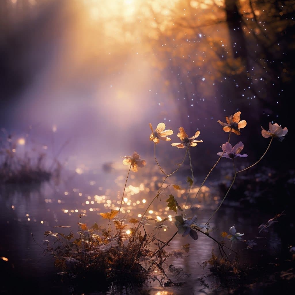 A serene, dreamlike landscape photograph featuring delicate wildflowers growing near a body of water, illuminated by warm, golden sunlight filtering through a misty forest. The scene is enhanced by a soft, ethereal glow and sparkling light particles, creating a magical atmosphere.
