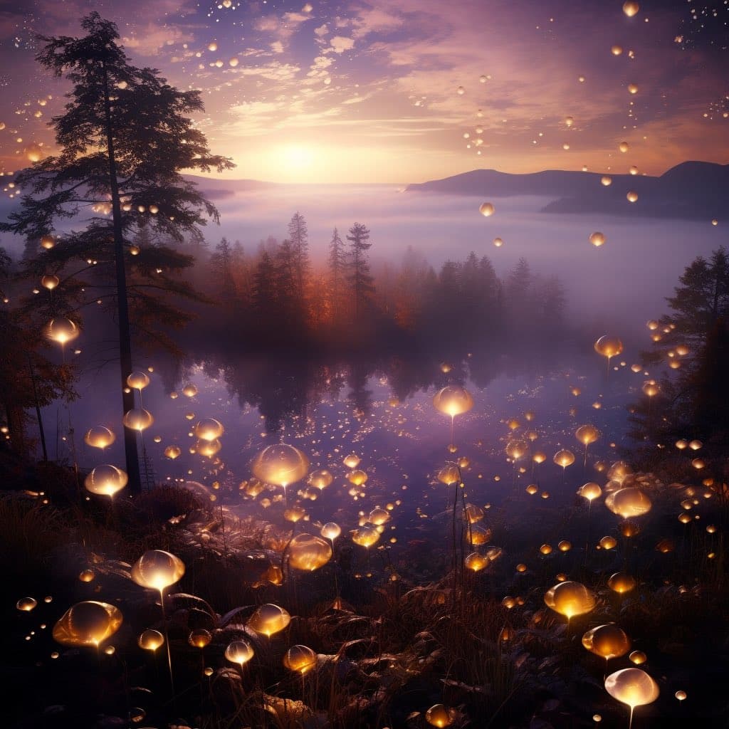 A digital illustration of a serene, misty forest landscape at sunrise or sunset, featuring a lake and rolling hills in the background. The foreground is filled with numerous glowing, bioluminescent orbs resembling fireflies or magical lights floating above the ground and trees.