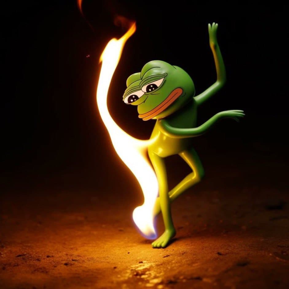 A 3D-rendered image of a green Pepe the Frog figurine striking a dramatic, soulful pose next to a tall, twisting flame against a dark background.