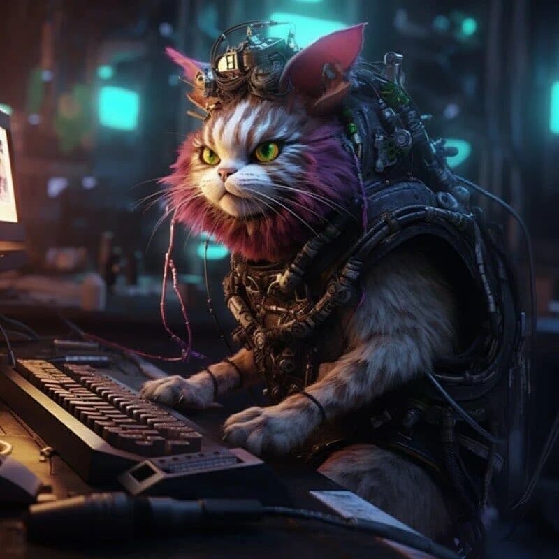 A digital illustration of a fluffy cat with pink and white fur wearing a complex, steampunk-style mechanical harness and headgear, sitting at a desk and typing on a keyboard in a dimly lit, futuristic room. The cat has bright green eyes and is looking intently at a computer monitor.