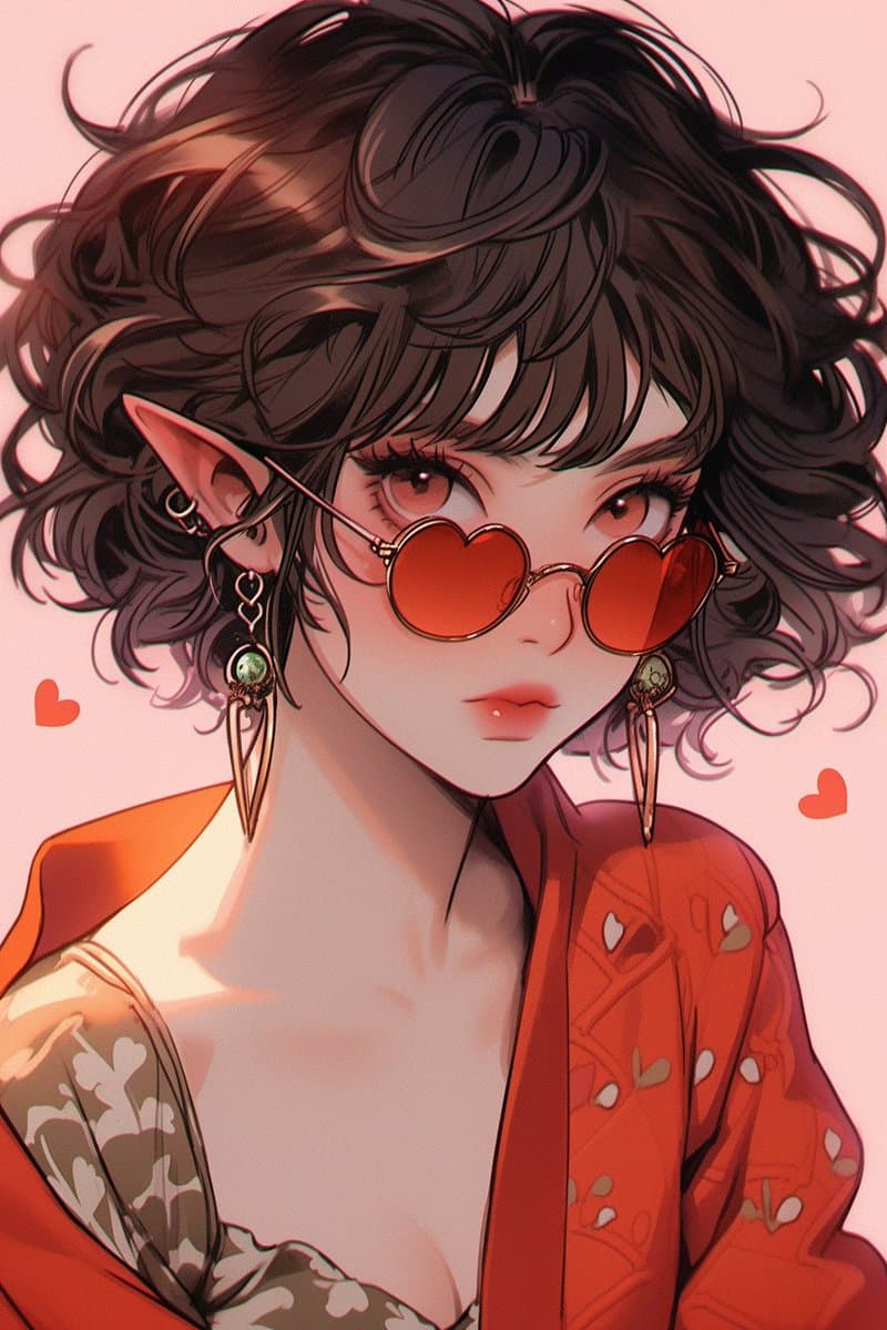 A digital illustration of a young woman with dark, curly hair and pointed elf ears, wearing heart-shaped red sunglasses and a red cardigan. She has multiple earrings and is set against a soft pink background with small floating hearts.