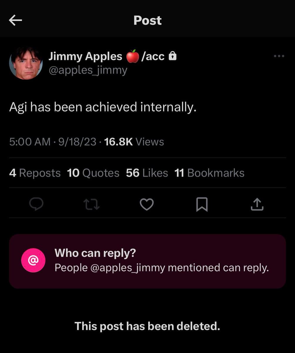 A screenshot of a Twitter post by user Jimmy Apples (@apples_jimmy) that has been deleted. The post text reads 'Agi has been achieved internally.' and shows engagement metrics of 4 Reposts, 10 Quotes, 56 Likes, and 11 Bookmarks. A notification at the bottom states 'This post has been deleted.'