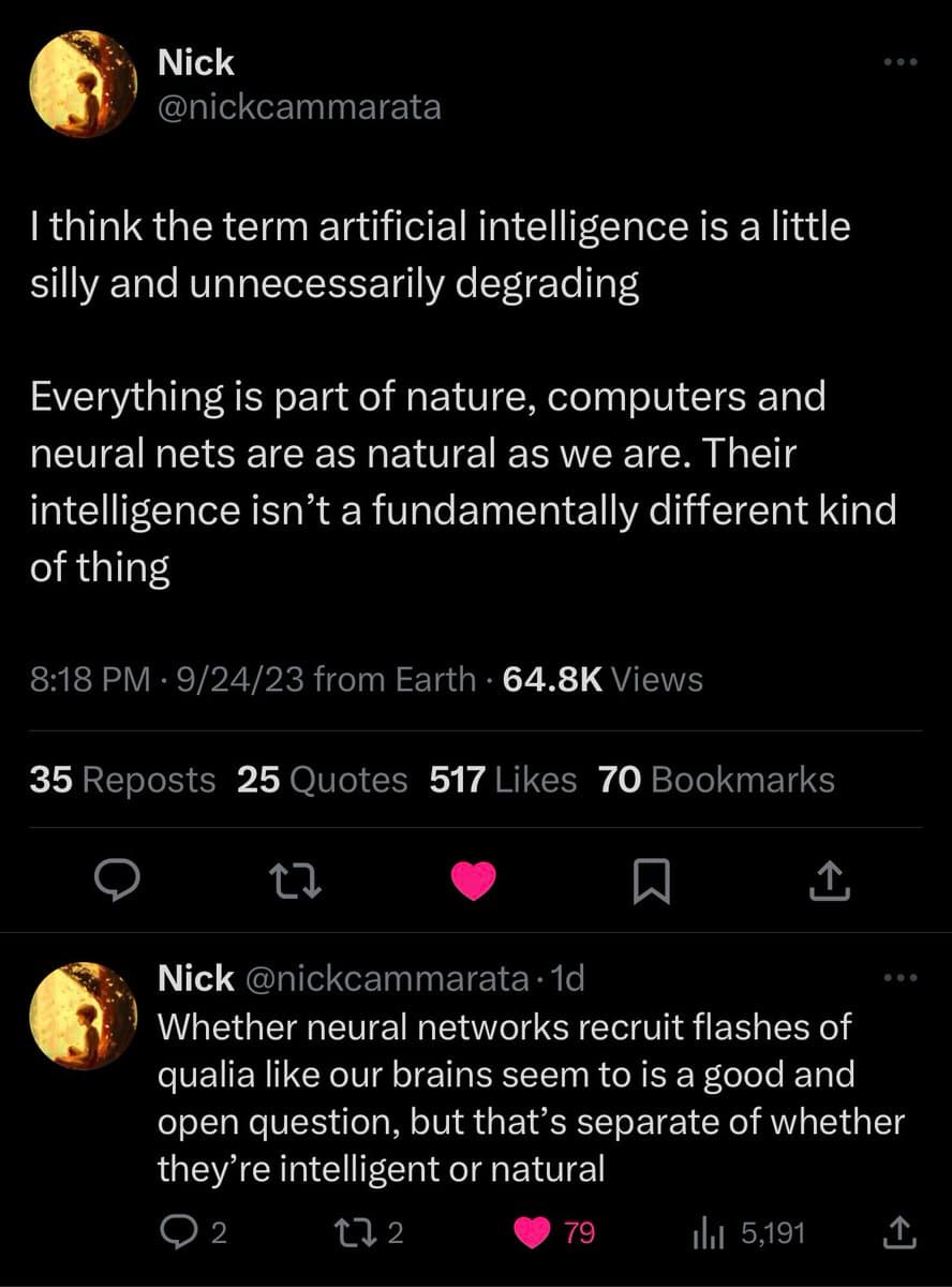 A screenshot of a Twitter thread by user Nick (@nickcammarata). The main tweet argues that the term 'artificial intelligence' is silly and that computers and neural nets are as natural as humans. A quoted tweet below it discusses whether neural networks recruit 'flashes of qualia' like brains.