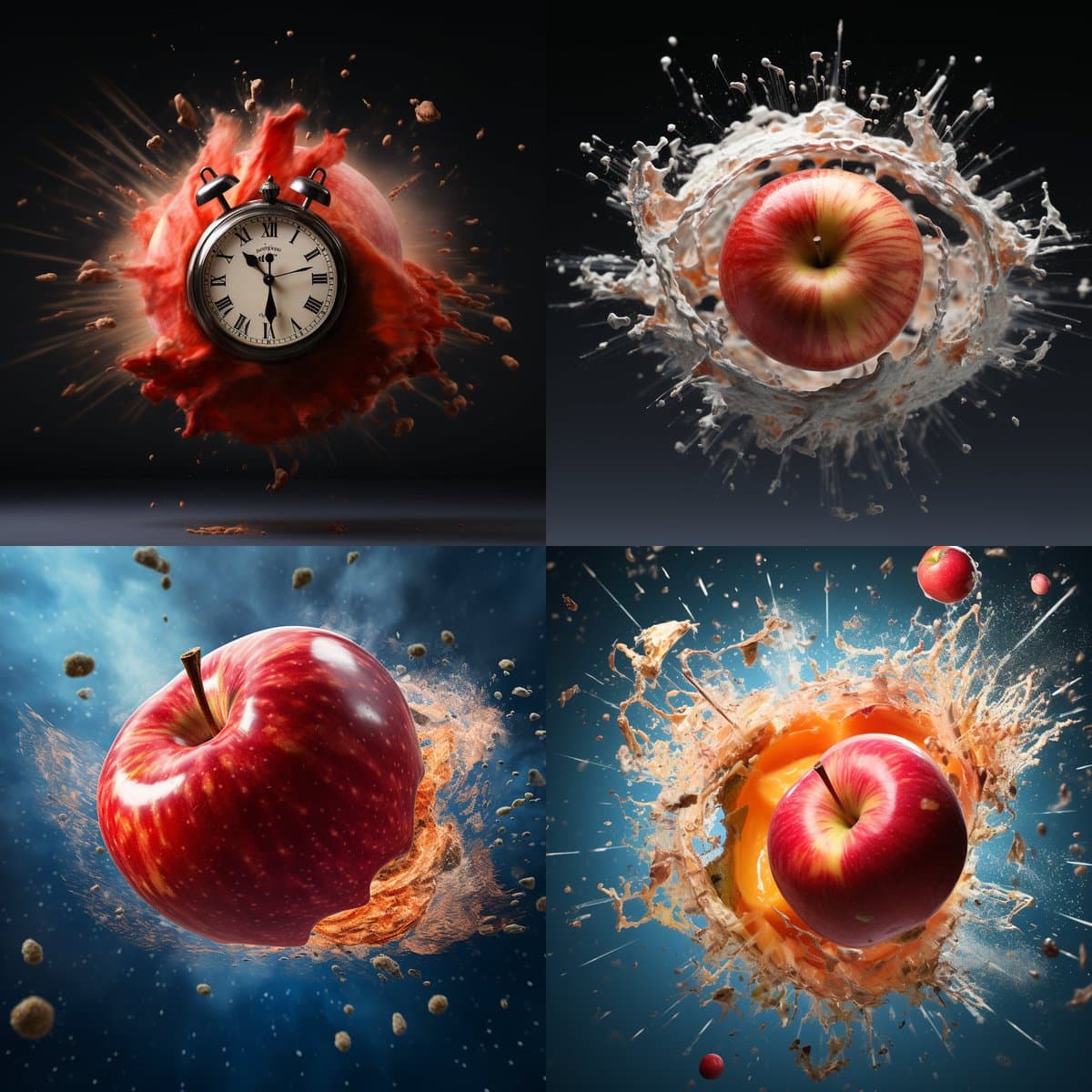 A four-panel collage of 3D digital art featuring red apples interacting with various elements. The top-left panel shows an apple with a vintage alarm clock embedded in it, surrounded by a red splash. The other three panels depict apples splashing into or through liquids like milk and orange juice, creating dynamic, high-speed motion effects against dark and blue backgrounds.