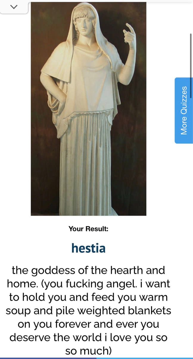 A screenshot of a social media post featuring a photo of a white marble statue of a robed figure. Below the image, text identifies the figure as 'hestia' and includes a descriptive caption about the goddess of the hearth and home, followed by an affectionate, informal message.