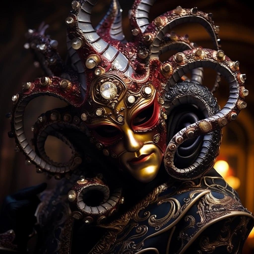 A person wearing an ornate, gold and red masquerade mask with elaborate tentacle-like headpieces adorned with jewels and pearls. The figure is dressed in a dark, intricately patterned garment with gold embroidery, set against a dimly lit, warm-toned background.