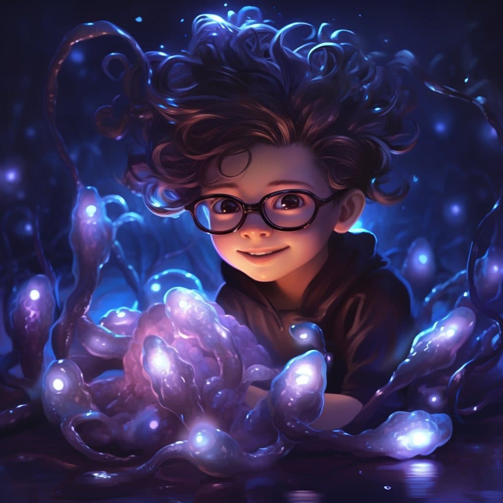 A digital illustration of a young child with curly hair and glasses, smiling while interacting with glowing, bioluminescent organic shapes in a dark, blue-lit environment. The image has a fantastical, ethereal style with vibrant purple and blue lighting.
