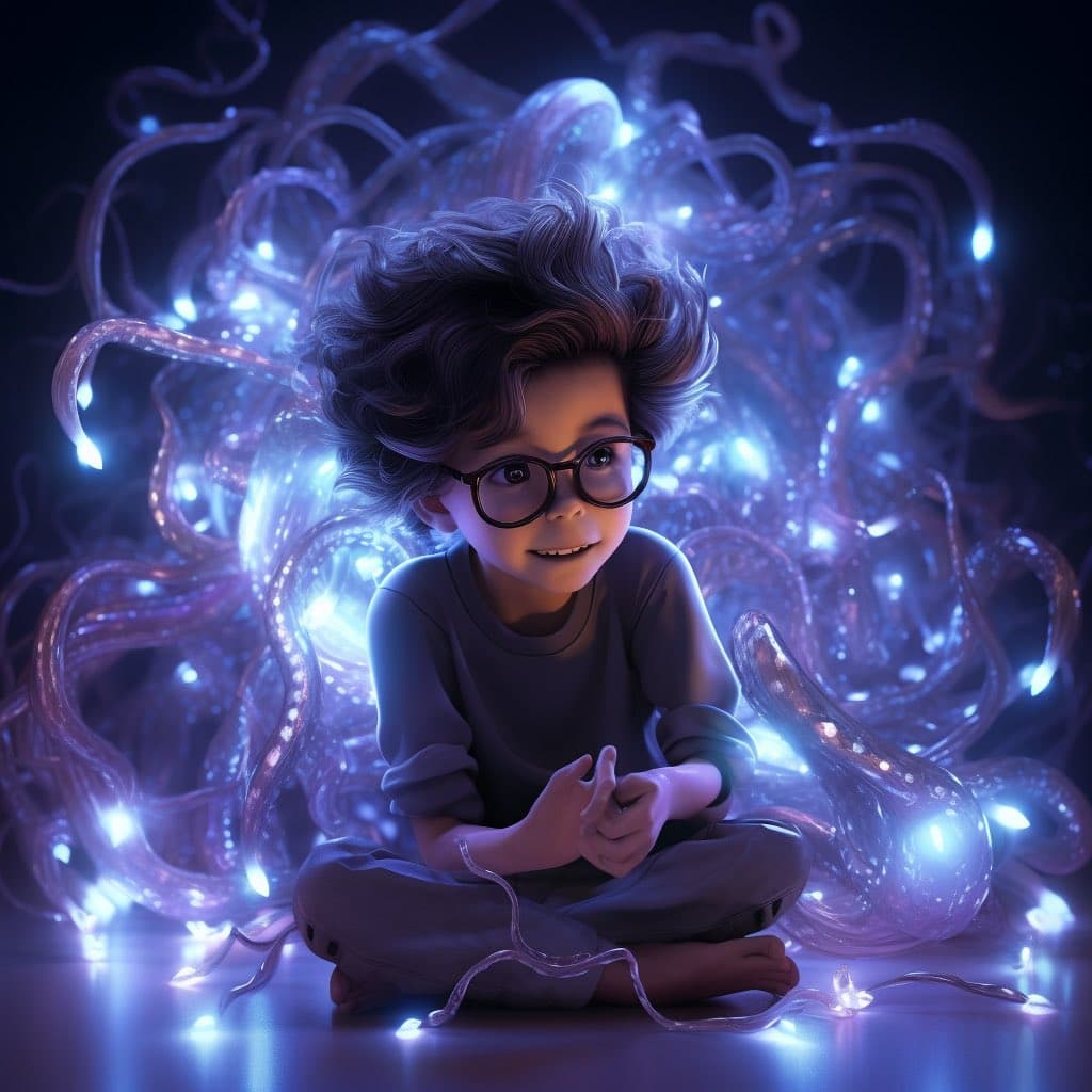 A digital illustration of a young child with curly hair and glasses sitting cross-legged on the floor, surrounded by a glowing, ethereal mass of translucent, string-like tendrils emitting blue light. The child is wearing a long-sleeved shirt and pants, with a gentle smile on their face.