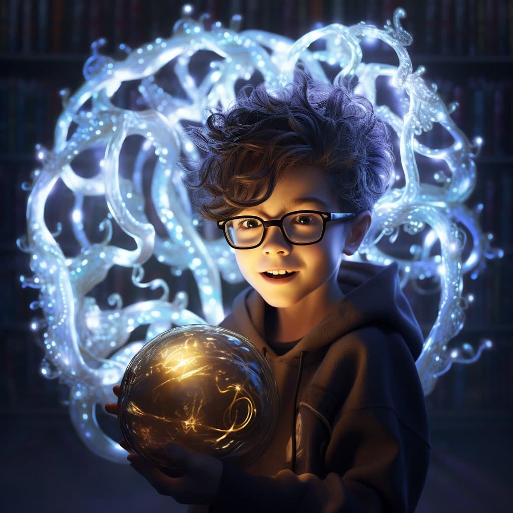 A digital illustration of a young boy with curly hair and glasses, wearing a brown hoodie, holding a glowing golden orb. Behind him is a large, intricate, glowing white structure resembling a heart made of swirling light, set against a dark background with bookshelves.