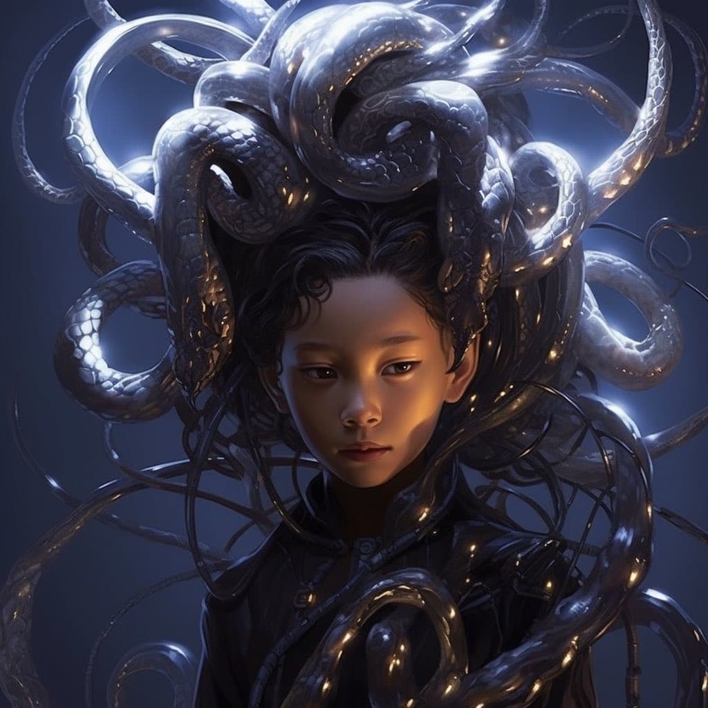 A digital artwork depicting a young person with dark hair, surrounded by numerous metallic, snake-like tendrils that coil around their head and shoulders. The figure has a calm expression and is illuminated by soft, dramatic lighting against a dark blue background.
