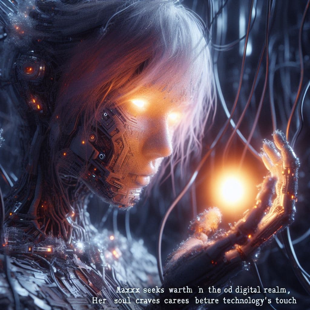 A digital artwork depicting a close-up of a humanoid robot with glowing orange eyes and intricate circuitry, holding a bright light source in its hand. The image has a dark, futuristic aesthetic with visible wires and mechanical components. Text is overlaid at the bottom of the image.