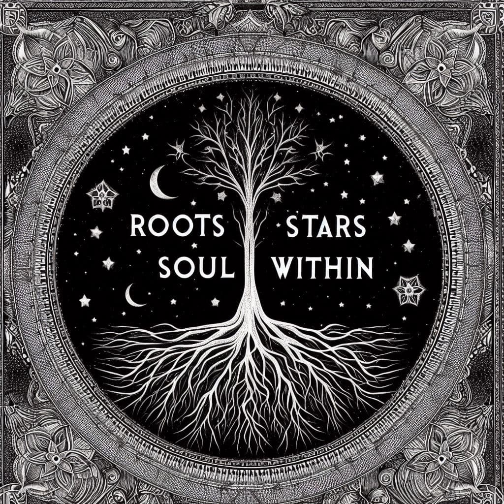 A black-and-white, intricately detailed illustration featuring a central tree with its roots extending into a starry night sky. The image is framed by ornate, decorative borders and contains the text 'ROOTS SOUL STARS WITHIN' arranged around the tree's trunk.