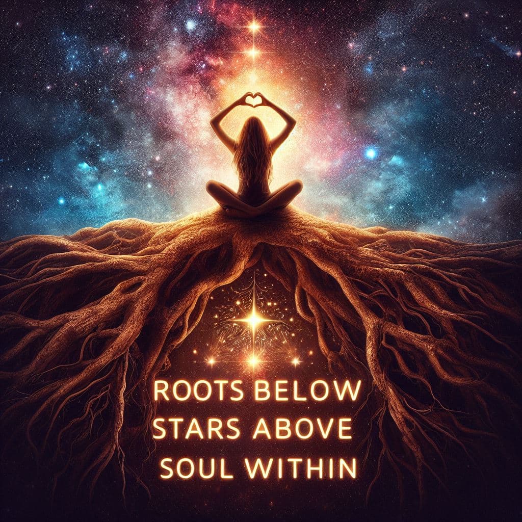 A digital art image showing a person sitting in a meditative pose on a mound of earth, with their hands forming a heart shape. Above them is a vibrant, star-filled galaxy, and below them, an intricate network of tree roots extends into the darkness. Glowing text is overlaid at the bottom of the image.