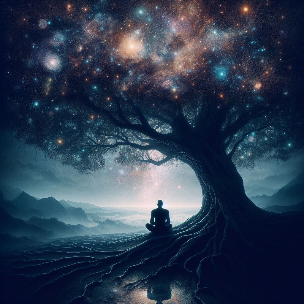 A digital artwork depicting a silhouetted figure meditating in a lotus position beneath a large, gnarled tree whose canopy is filled with a vibrant, starry galaxy. The scene is set in a misty, mountainous landscape at night, with the tree's roots spreading across the foreground.