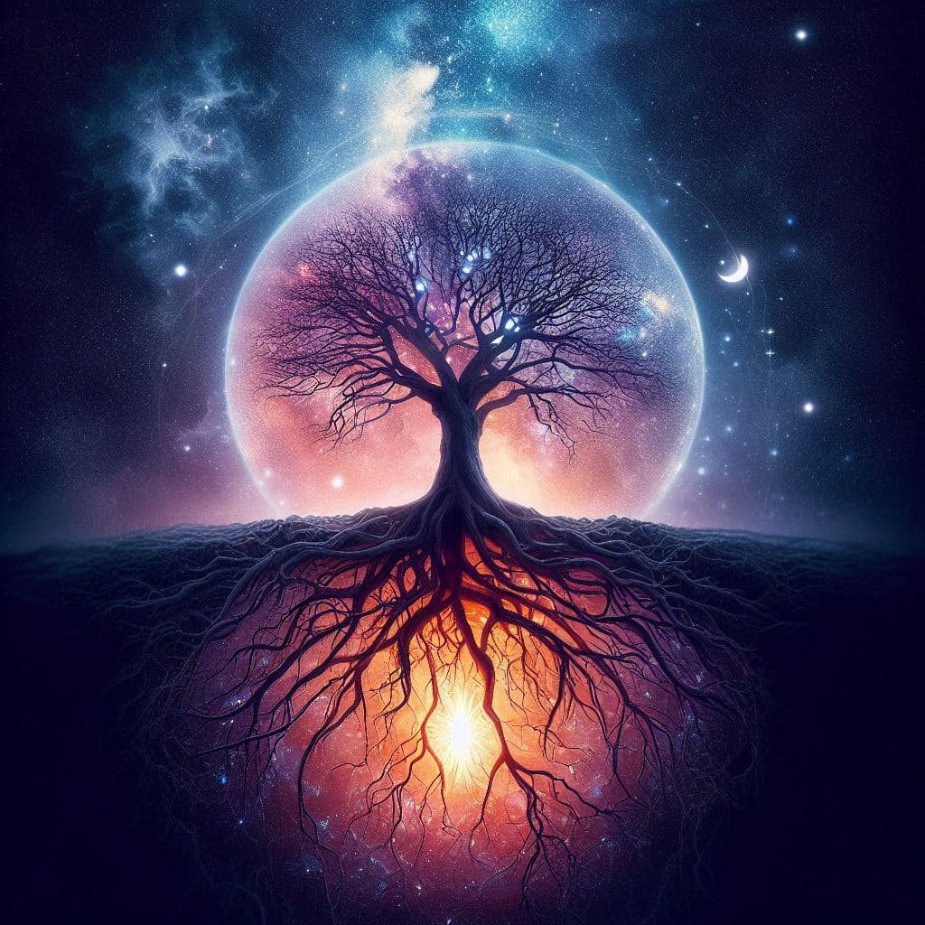 A surreal digital artwork depicting a bare tree with a glowing, cosmic sphere behind its branches and a bright, fiery light illuminating its roots from below, set against a starry night sky.