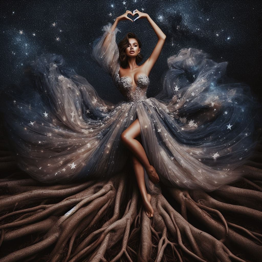 A digital illustration of a woman in a flowing, starry gown sitting on a tangle of tree roots against a starry night sky, with her hands forming a heart shape above her head.