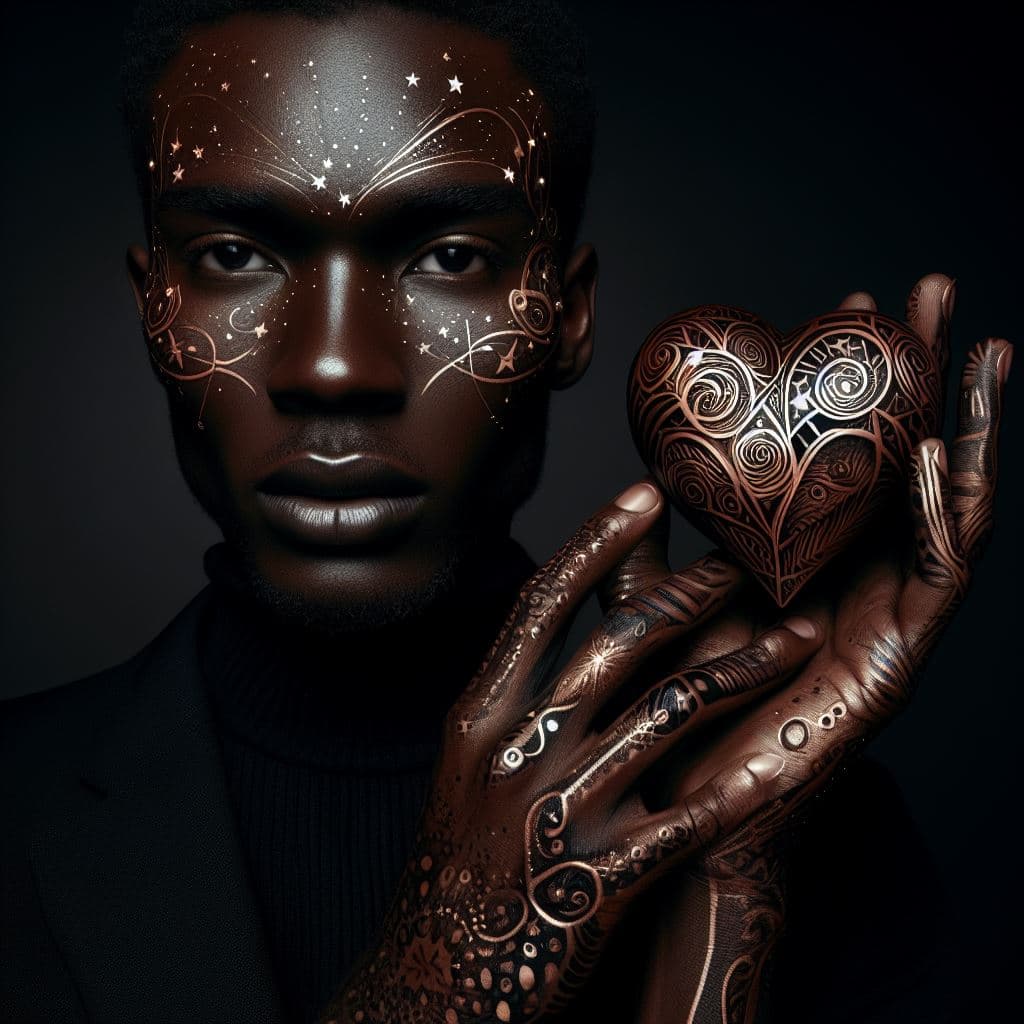 A digital portrait of a person with intricate, glowing celestial and floral patterns on their face and hands, holding a heart-shaped object decorated with similar ornate designs. The image features a dark background that highlights the luminous, copper-colored artwork on the subject's skin and the object.