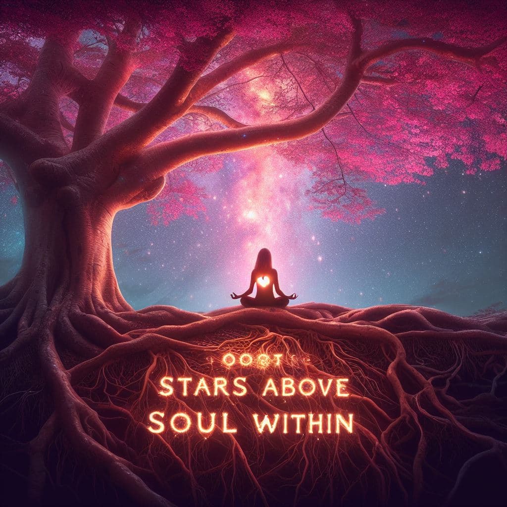 A digital illustration of a person meditating on the roots of a large tree with pink leaves, set against a starry, cosmic sky. Glowing text is embedded in the tree's roots at the bottom of the image.