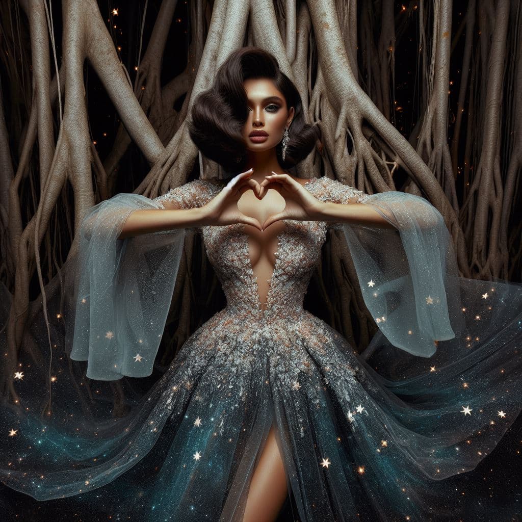 A digital illustration of a woman with dark hair and a voluminous, sparkling gown standing in front of a backdrop of large tree roots. She is making a heart shape with her hands in front of her chest, and the scene is accented with glowing, star-like lights.