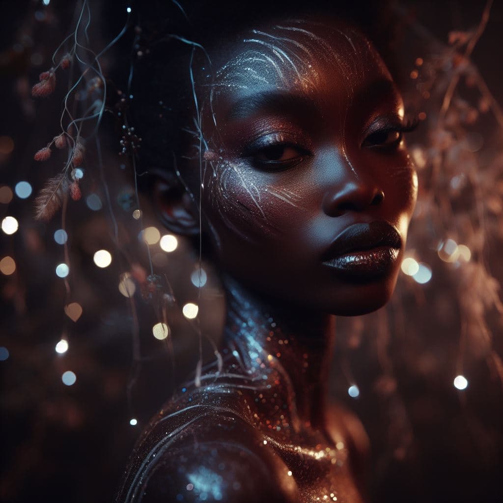 A close-up portrait of a person with dark skin, featuring intricate white and silver body paint on their face and neck, set against a dark background with bokeh lights and delicate, string-like elements.